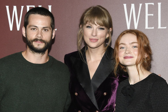 Writer-director Taylor Swift, centre, with Dylan O’Brien and Sadie Sink, the stars of her short film All Too Well.