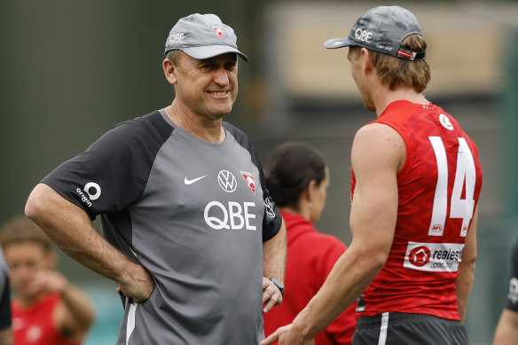 Tough calls: Swans coach John Longmire and Callum Mills.