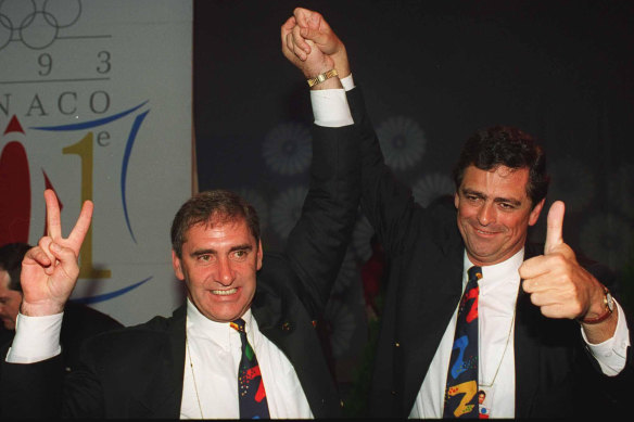 John Fahey and the Sydney Olympics bid's chief executive Rod McGeoch celebrate in Monaco as Sydney is announced as the winner in 1993.