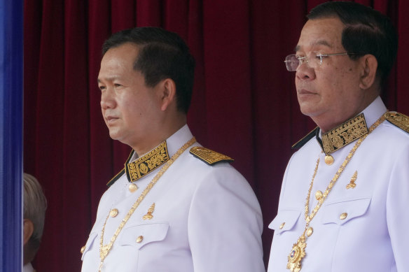 Hun Sen (right) passed on the prime ministership to son Hun Manet (left) in August last year.