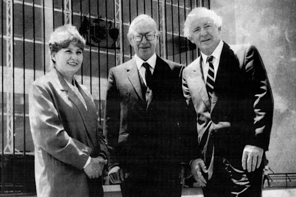 Chief justice Sir Anthony Mason (centre) with justices Mary Gaudron and John Toohey outside the High Court in Canberra after the trio were sworn in on February 6, 1987.