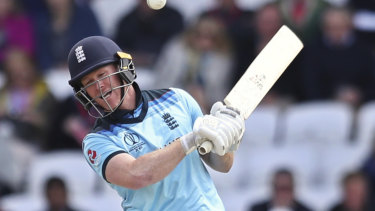 England's captain Eoin Morgan avoids a rising delivery from Malinga.