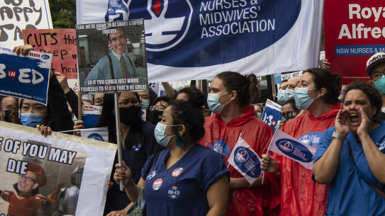 NSW nurses and midwives strike outside Parliament House in 2022.