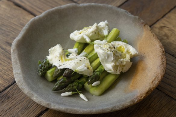 Lightly blanched asparagus with creamy buffalo mozzarella for company.