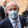 Chris Dawson arriving at the NSW Supreme Court in August before the judge’s guilty verdict. Inset: Dawson with Lynette on their wedding day in 1970.