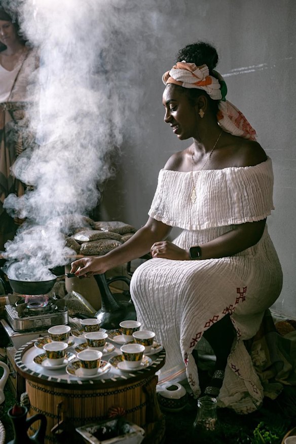 The coffee ceremony with pan-roasted beans, incense and popcorn.