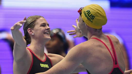 Shayna Jack (left) celebrating victory with Cate Campbell at last year's Pan Pacs.