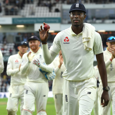 Archer leaves the field after claiming six wickets on day one of the third Test match at Headingley.