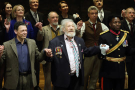 From left: Richard Coyle, Sir Ian McKellen and Toheeb Jimoh at the curtain call of “Player Kings” at London’s Noel Coward Theatre on April 11.