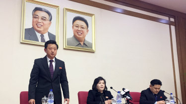North Korean Vice-Foreign Minister Choe Son-hui, centre, speaks at a gathering for diplomats in Pyongyang on Friday.