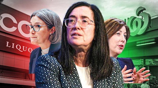 ACCC chair Gina Cass-Gottlieb (centre) did not rule out further legal action being taken against Coles, led by Leah Weckert, and Woolies, led by Amanda Bardwell.