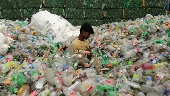 An Indian worker sorts used plastic bottles before sending them to be recycled at an industrial area on the outskirts of Jammu, India.