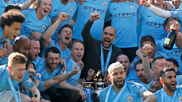 Manchester City celebrate winning the Premier League title on Monday (AEST).