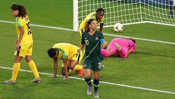 A pumped-up Sam Kerr celebrates her hat-trick against Jamaica.