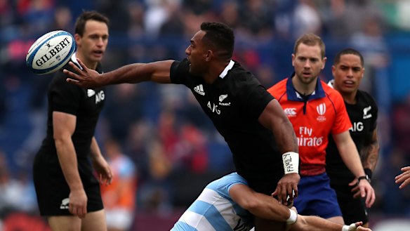 Sleight of hand: New Zealand's Sevu Reece is tackled Tomas Cubelli in Buenos Aires.