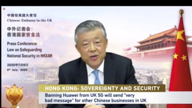 China's ambassador to the UK Liu Xioming holds a news conference over Twitter on Monday, July 6, 2020.