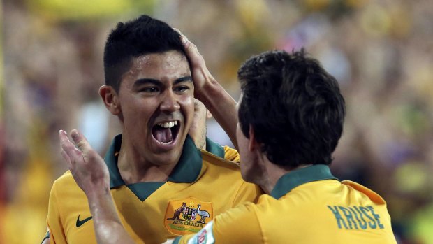 Flashback: Massimo Luongo celebrates with Robbie Kruse after scoring in the Asian Cup final against South Korea at Stadium Australia in 2015.