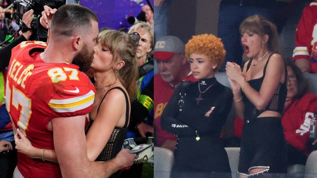 Travis Kelce and Taylor Swift celebrate the Super Bowl.