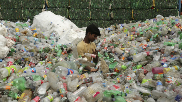 An Indian worker sorts used plastic bottles before sending them to be recycled at an industrial area on the outskirts of Jammu, India.