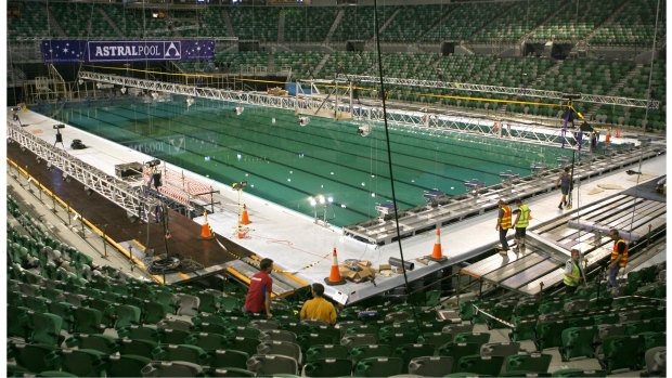Builders complete works on a temporary swimming pool at Rod Laver Arena in 2007.