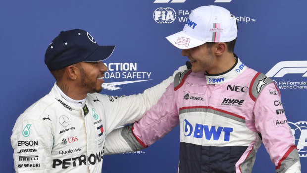 Impressive: Lewis Hamilton congratulates Force India's Esteban Ocon (right) on his third place in qualifying.