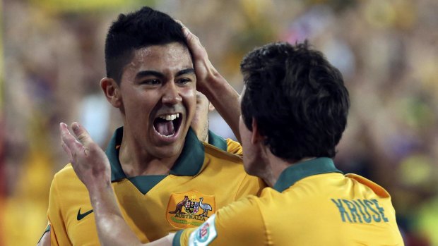 Flashback: Massimo Luongo celebrates with Robbie Kruse after scoring in the Asian Cup final against South Korea at Stadium Australia on January 31, 2015.