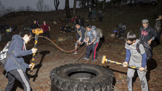 Pastor Hyung Jin "Sean" Moon's martial arts students also do outdoor circuit training. Many of them also are active in Sanctuary Church's Peace Police/Peace Militia. 