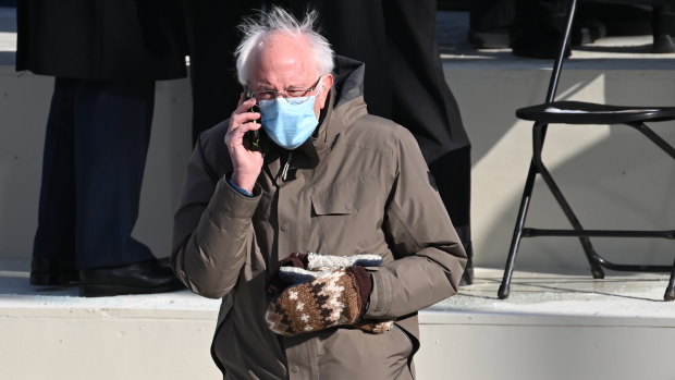Senator Bernie Sanders .. .and his handmade mittens.