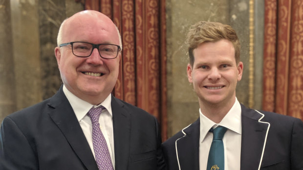 Australia's High Commissioner to the UK George Brandis with cricketer Steve Smith at Australia House in London.
