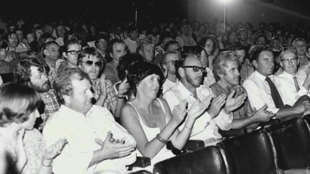Striking ABC staff at a meeting at the Regent Theatre in November 1978.