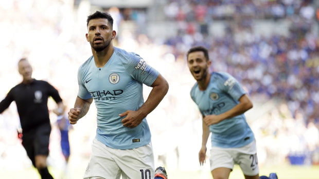 Manchester City's Sergio Aguero celebrates scoring his second goal against Chelsea in the Community Shield at Wembley on Sunday.