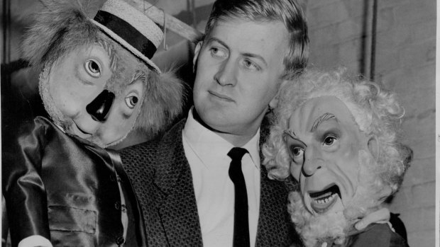 Norman Lindsay with two of the original puppets made by Peter Scriven in 1960.