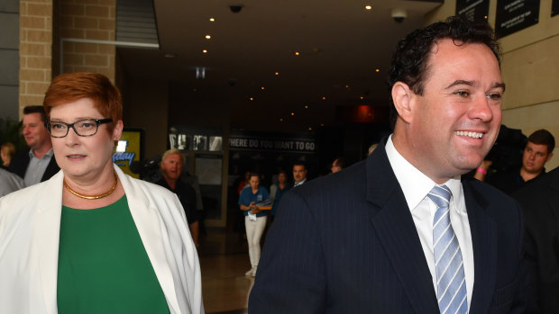 Minister for Foreign Affairs Marise Payne and husband NSW Minister for Sport Stuart Ayres arrive for the NSW Liberal campaign launch.