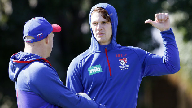 Positional switch: Kalyn Ponga talks with coach Nathan Brown.