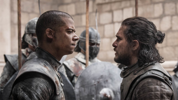 Greyworm is very cross with Jon, possibly due to the latter's questionable styling choices.