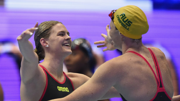 Shayna Jack (left) celebrating victory with Cate Campbell at last year's Pan Pacs.