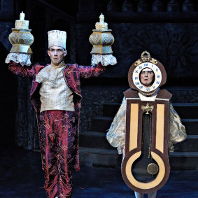 Pippin Carroll (Lumiere), left,  and Meaghan Stewart (Cogsworth) in <i>Beauty and the Beast</i>. 
