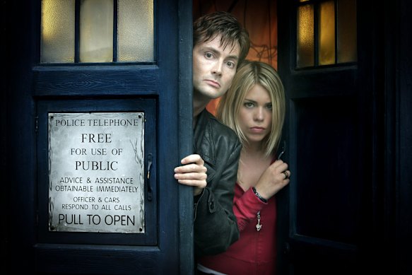 Billie Piper previously played Rose, companion to the ninth and 10th Doctors, played by Christopher Eccleston and David Tennant (pictured).