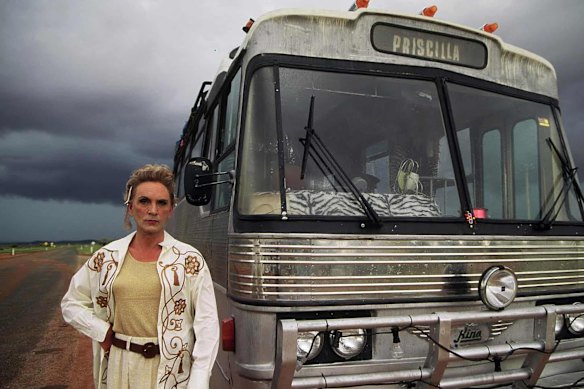 Terring character as Brenadette without Priscilla bus in 1994 in Australia, Priece adventures, the Queen of the Desert. Photo: MGM