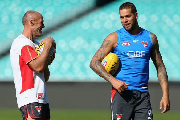 Forward power: Tony Lockett with Lance Franklin in 2017.