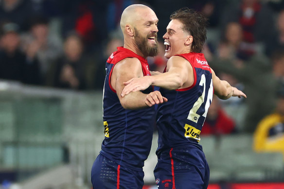 Max Gawn of the Demons is congratulated by Trent Rivers after kicking a goal.