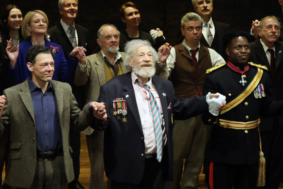 From left: Richard Coyle, Sir Ian McKellen and Toheeb Jimoh at the curtain call of “Player Kings” at London’s Noel Coward Theatre on April 11.