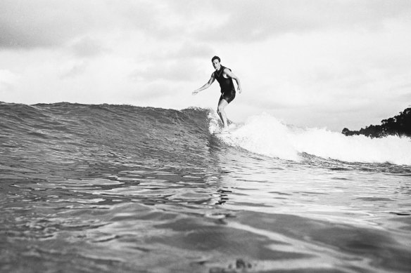 Rip Curl co-founder Brian “Sing Ding” Singer poised on a little Lorne Point peeler in 1965, one of the first water shots taken by renowned local photographer Barrie Sutherland.