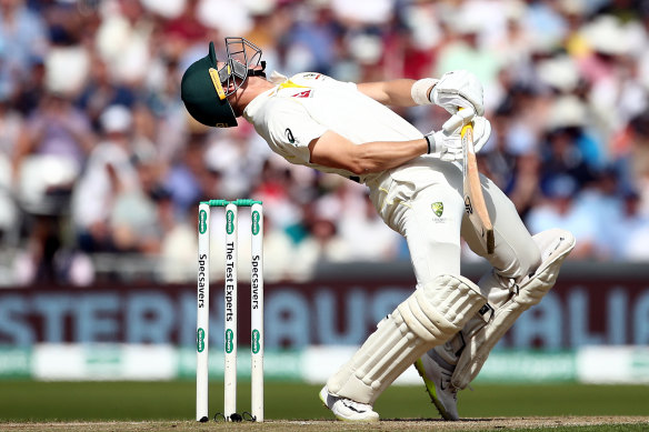 Marnus Labuschagne ducks under a bouncer at Headingley on Saturday.