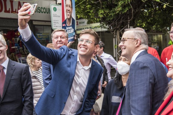 Labor candidate for Bennelong Jerome Laxale takes a selfie with Opposition Leader Anthony Albanese in Eastwood.