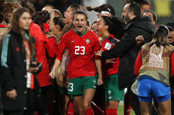 Rosella Ayane, centre, celebrates with teammates after winning the group match between Morocco and Colombia in Perth on Thursday.