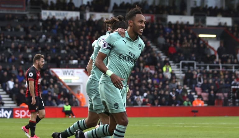 Pierre-Emerick Aubameyang celebrates scoring Arsenal's second goal against Bournemouth on Sunday.