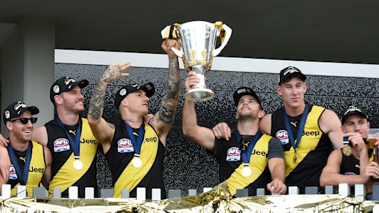 The Tigers celebrate on the Gold Coast. 