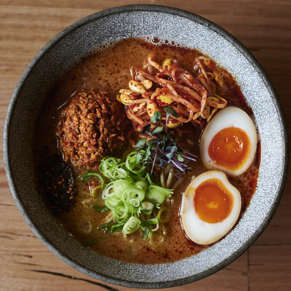Canteen’s spicy miso pork mince ramen with house-made black sesame paste and chilli oil.