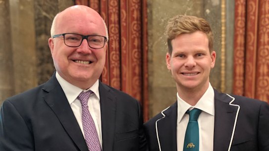 Australia's High Commissioner to the UK George Brandis with cricketer Steve Smith at Australia Hosue in London.